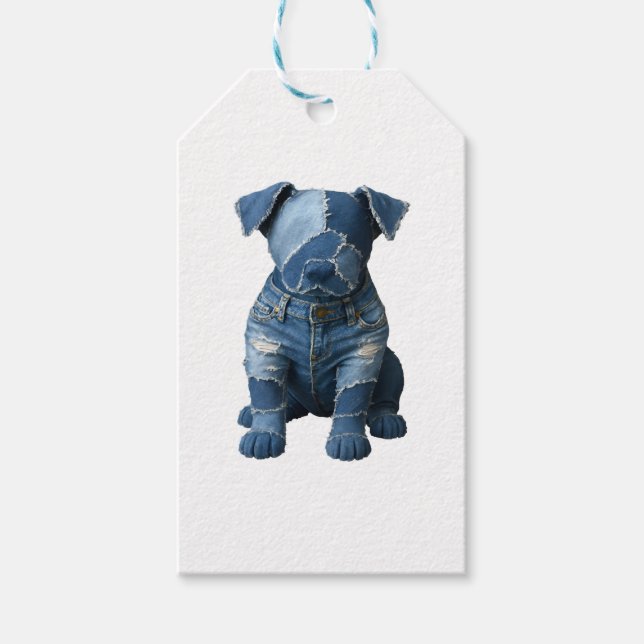 Niedlich Denim Patchwork Art Dog T - Shirt Geschenkanhänger (Vorderseite)