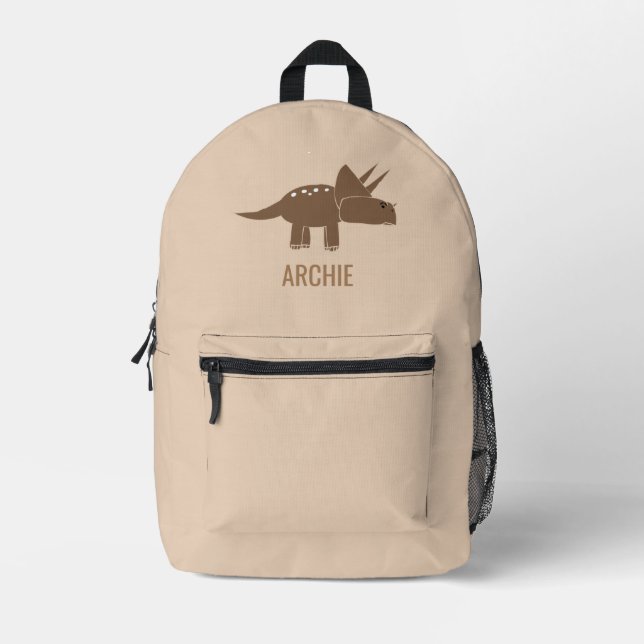 Niedlich Dino Dinosaur Personalisiert Beige Bedruckter Rucksack (Vorderseite)