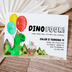 Niedlich Dino FOUR Balloon Cake Dinosaur 4. Geburt Einladung