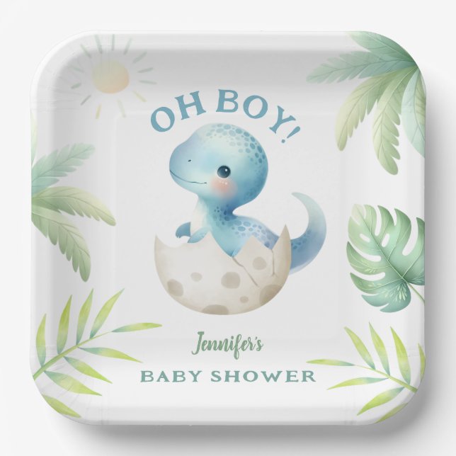 Niedlich Dino Oh Boy Dinosaur Babydusche Pappteller (Vorderseite)