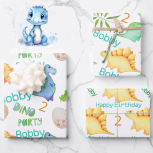 Niedlich Dino Party Boys Dinosaurier Name & Alter Geschenkpapier Set