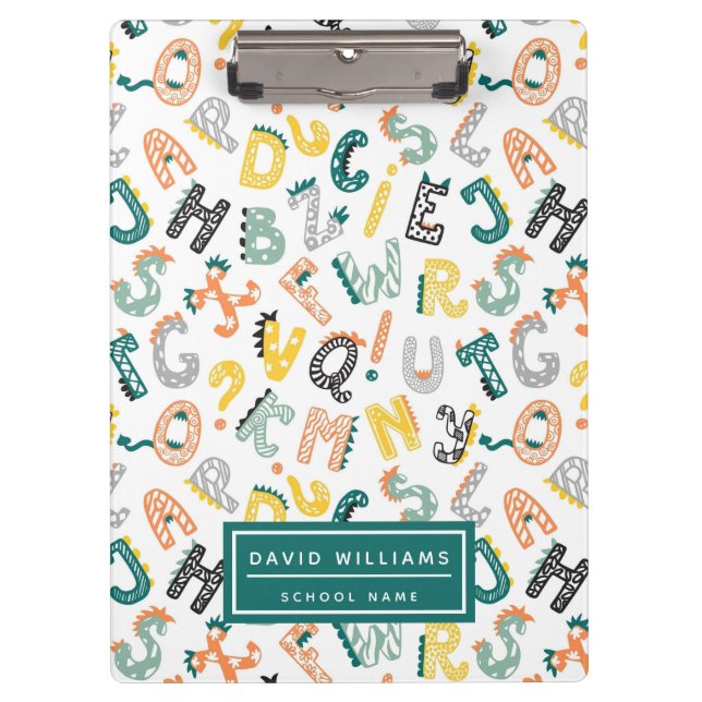 Niedlich Dinosaur Alphabet Pattern Kinderschule Klemmbrett (Vorderseite)