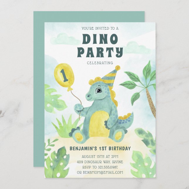 Niedlich Dinosaur Dino Party Boy Erster Geburtstag Einladung (Vorne/Hinten)
