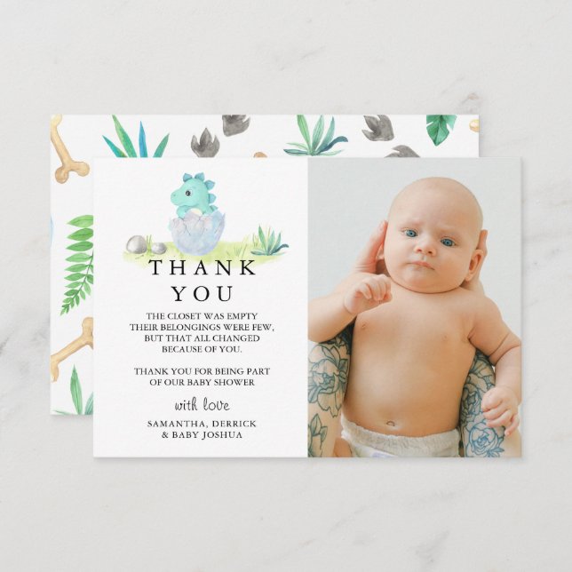 Niedlich Dinosaur Foto Babydusche Dankeskarte (Vorne/Hinten)