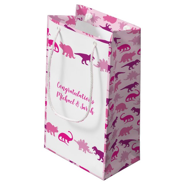 Niedlich Dinosaur Kinderdusche Dino Pink Girl Kleine Geschenktüte (Rückseite Schrägansicht)