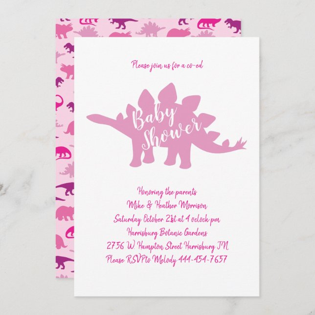Niedlich Dinosaur Kinderdusche Stegosaurus Pink Gi Einladung (Vorne/Hinten)