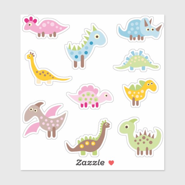 Niedlich Dinosaur Pastel Colors | Adorable Cartoon Aufkleber (Blatt)