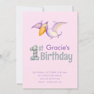 Niedlich Dinosaur Pterodactyl 1. Geburtstag Party  Einladung