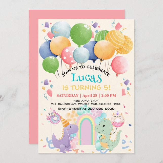 Niedlich Dinosaur Unicorn Rainbow donut Ballonpatt Einladung (Vorne/Hinten)