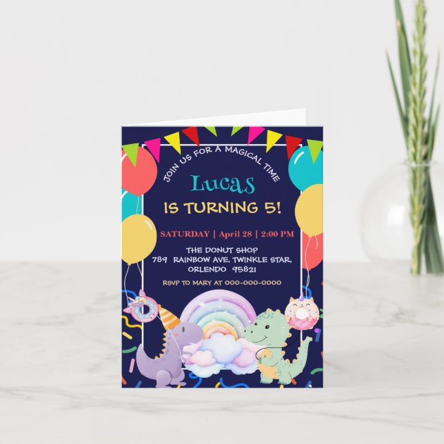 Niedlich Dinosaur Unicorn Rainbow donut Ballonpatt Einladung (Vorderseite)