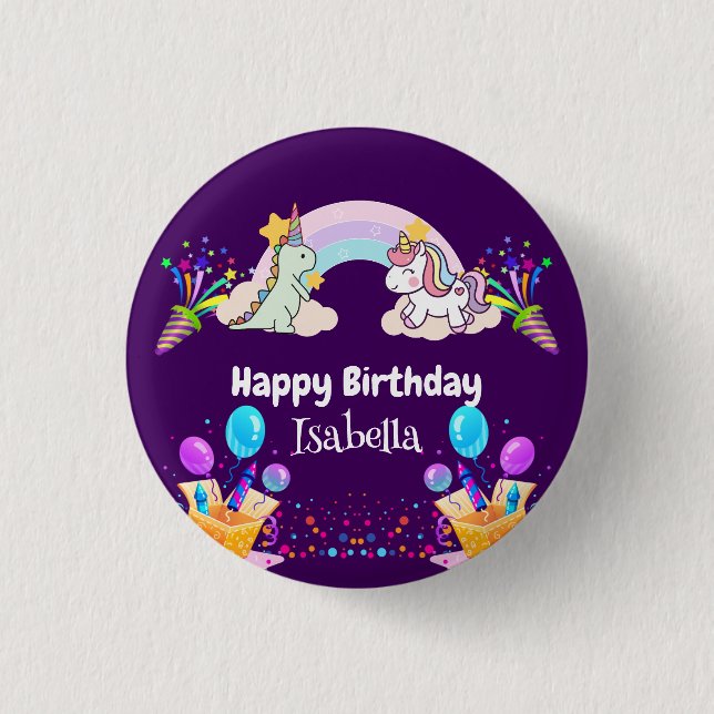 Niedlich Dinosaur Unicorn Regenbogen Ballon Geburt Button (Vorderseite)