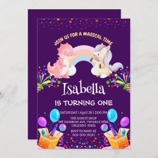 Niedlich Dinosaur Unicorn Regenbogen Ballon Geburt Einladung