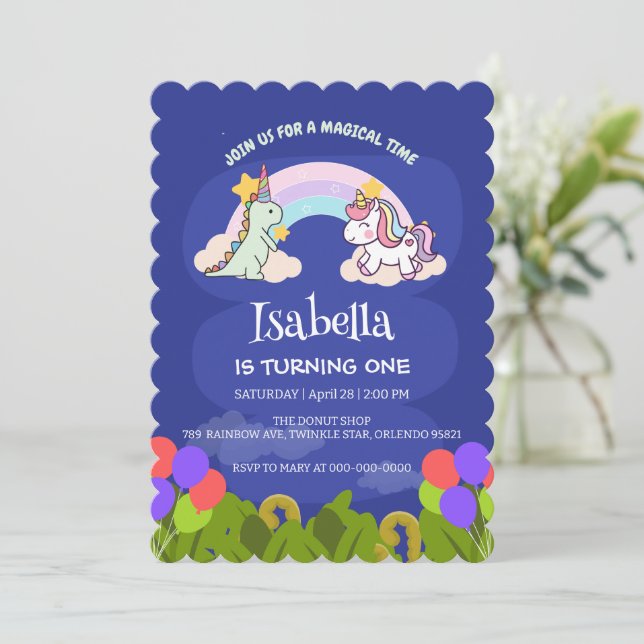 Niedlich Dinosaur Unicorn Regenbogen Ballon Geburt Einladung (Stehend Vorderseite)