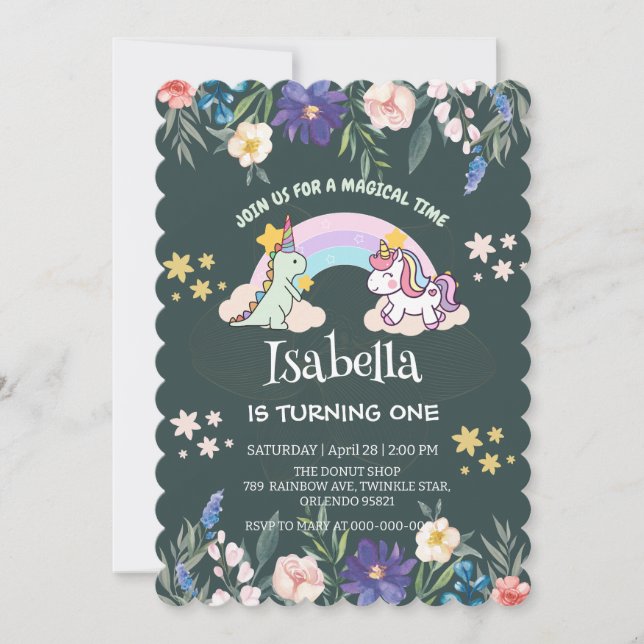 Niedlich Dinosaur Unicorn Regenbogen Ballon Geburt Einladung (Vorderseite)