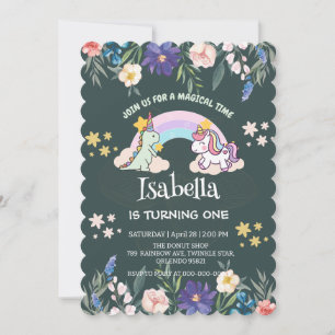 Niedlich Dinosaur Unicorn Regenbogen Ballon Geburt Einladung