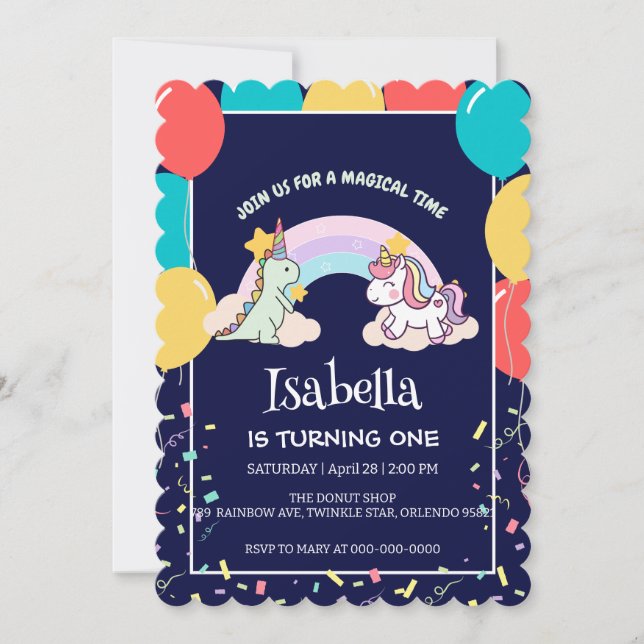Niedlich Dinosaur Unicorn Regenbogen Ballon Geburt Einladung (Vorderseite)