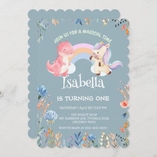 Niedlich Dinosaur Unicorn Regenbogen Ballon Geburt Einladung