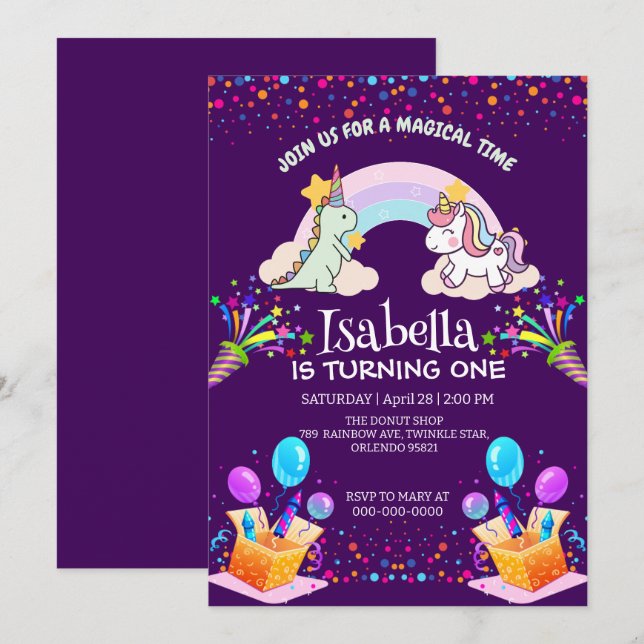 Niedlich Dinosaur Unicorn Regenbogen Ballon Geburt Einladung (Vorne/Hinten)