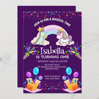 Niedlich Dinosaur Unicorn Regenbogen Ballon Geburt Einladung