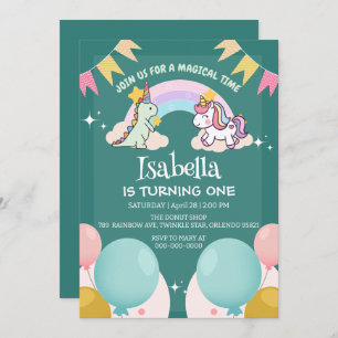 Niedlich Dinosaur Unicorn Regenbogen Ballon Geburt Einladung