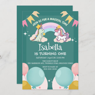 Niedlich Dinosaur Unicorn Regenbogen Ballon Geburt Einladung
