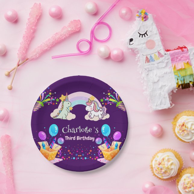 Niedlich Dinosaur Unicorn Regenbogen Ballon Geburt Pappteller (Party)