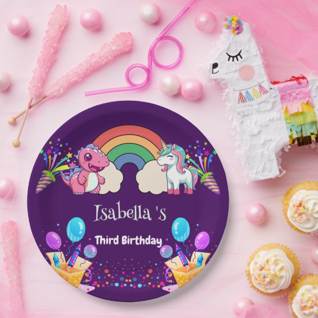 Niedlich Dinosaur Unicorn Regenbogen Ballon Geburt Pappteller (Party)