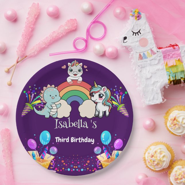 Niedlich Dinosaur Unicorn Regenbogen Ballon Geburt Pappteller (Party)