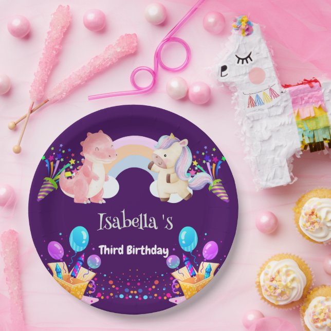 Niedlich Dinosaur Unicorn Regenbogen Ballon Geburt Pappteller (Party)