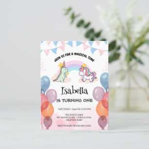 Niedlich Dinosaur Unicorn Regenbogen Ballon Geburt Postkarte