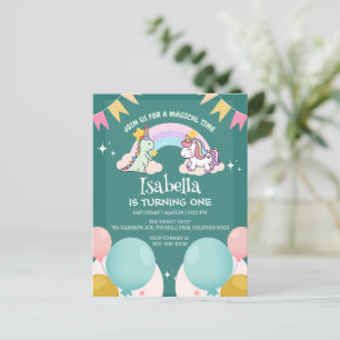 Niedlich Dinosaur Unicorn Regenbogen Ballon Geburt Postkarte