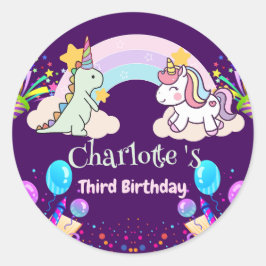 Niedlich Dinosaur Unicorn Regenbogen Ballon Geburt Runder Aufkleber