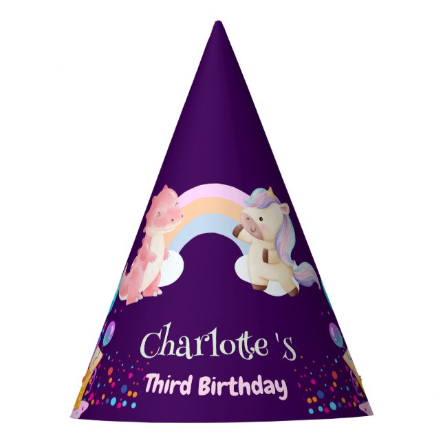 Niedlich Dinosaur Unicorn Regenbogen Baloon Geburt Partyhütchen (Vorderseite)