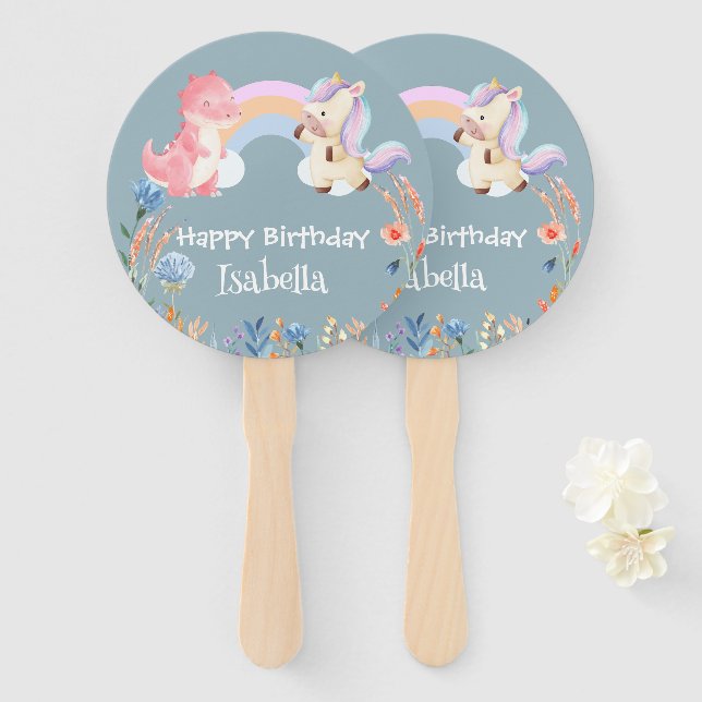 Niedlich Dinosaur Unicorn Regenbogen Blume Geburts Fächer (Vorne und Hinten)