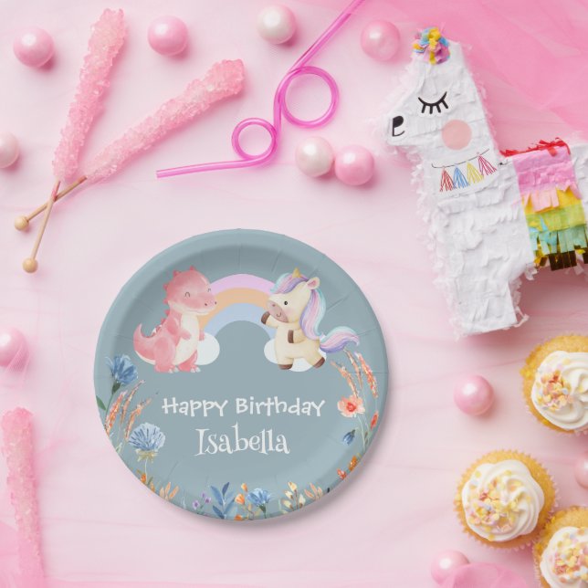 Niedlich Dinosaur Unicorn Regenbogen Blume Geburts Pappteller (Party)