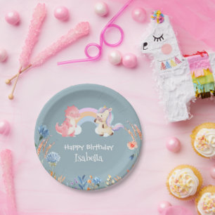 Niedlich Dinosaur Unicorn Regenbogen Blume Geburts Pappteller