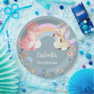 Niedlich Dinosaur Unicorn Regenbogen Blume Geburts Pappteller