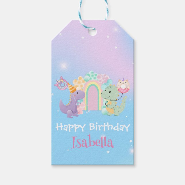 Niedlich Dinosaur Unicorn Regenbogenballon Geburts Geschenkanhänger (Vorderseite)