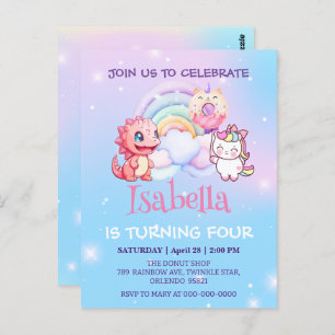 Niedlich Dinosaur Unicorn Regenbogenballon Geburts Postkarte