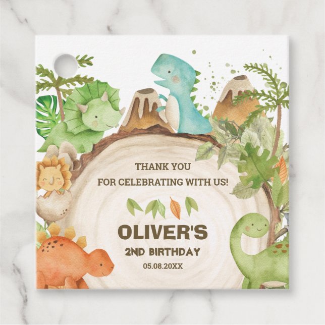 Niedlich Dinosaurier Boy Birthday Greenery Leaf T- Geschenkanhänger (Vorderseite)