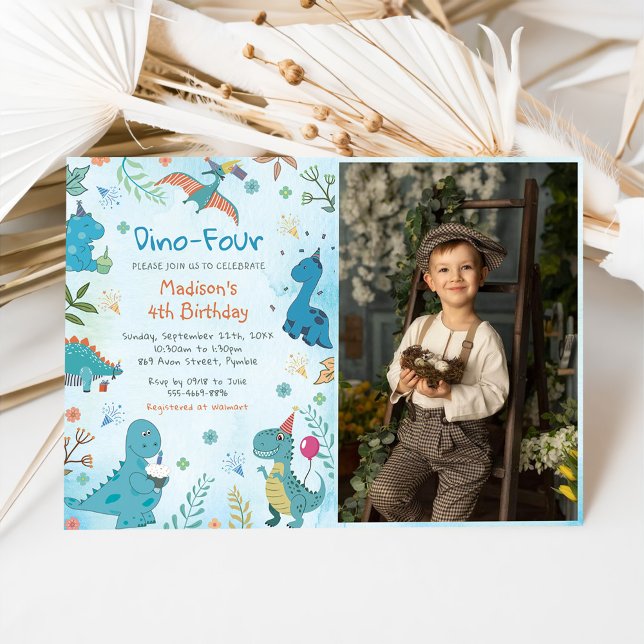 Niedlich Dinosaurier Dino 4. Geburtstag Party Foto Einladung (Von Creator hochgeladen)