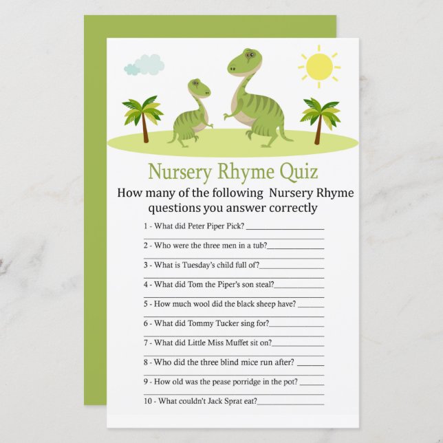 Niedlich Dinosaurier Kinderzimmer Rhyme Quiz Babyd (Vorne/Hinten)