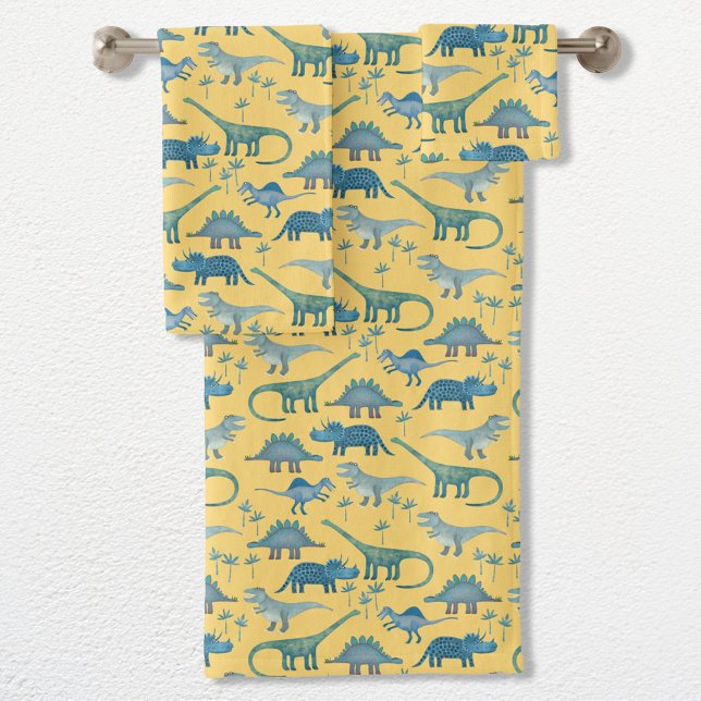 Niedlich Dinosaurier Muster gelb Badhandtuch Set (Fun prehistoric dinosaur pattern towel set for paleontologists of all ages)