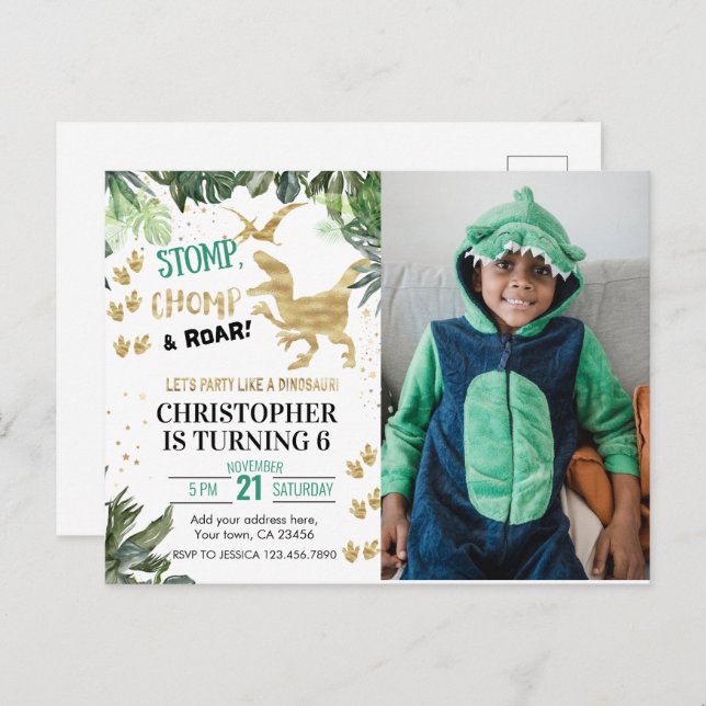 Niedlich Dinosaurier Party Foto Geburtstag Postkarte (Vorne/Hinten)