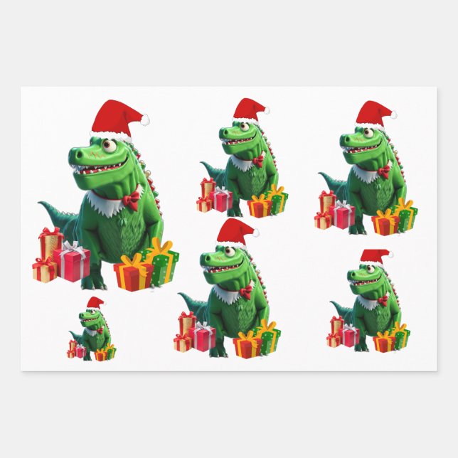 Niedlich Dinosaurier Weihnachten Geschenkpapier Set (Vorderseite)