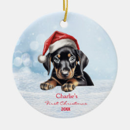 Niedlich Doberman Puppy Dog Weihnachtsmannmütze 1. Keramik Ornament