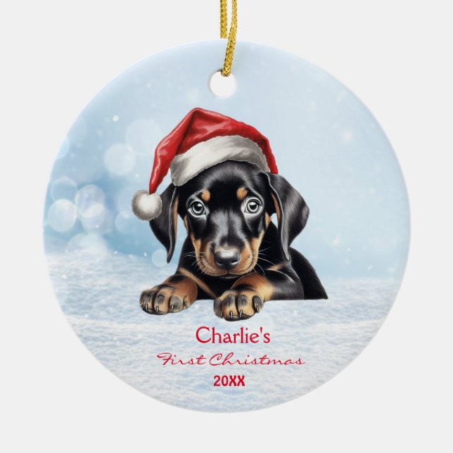 Niedlich Doberman Puppy Dog Weihnachtsmannmütze 1. Keramik Ornament (Vorne)