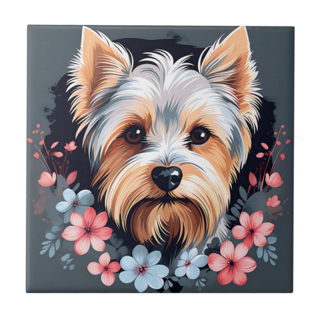 Niedlich Dog Yorkshire Terrier Blume Fliese (Vorderseite)