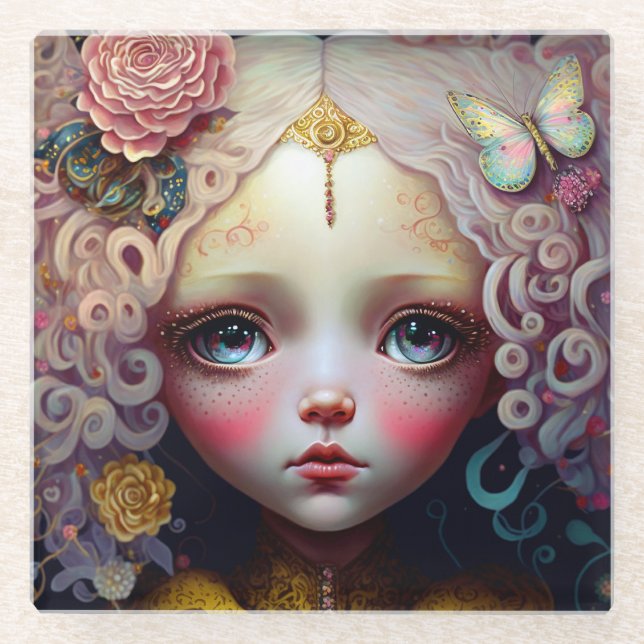 Niedlich Doll Girl Pink Hair Glasuntersetzer (Vorderseite)