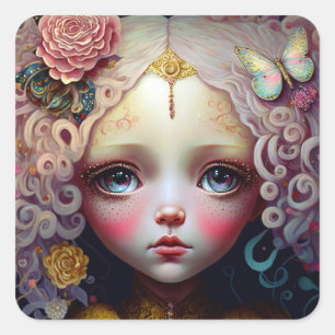 Niedlich Doll Girl Pink Hair Quadratischer Aufkleber